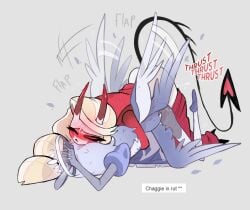 1futa 1girls ambiguous_penetration angel blonde_hair blush blushing charlie_morningstar_(hazbin_hotel) clothed craxkers demon demon_girl demon_horns demon_tail desperate desperate_thrusting doggy_style emily_(hazbin_hotel) english english_text futa_on_female futanari grabbing grey_background hazbin_hotel in_heat pinned pinned_down red_eyes simple_background tail white_body white_hair wings yuri