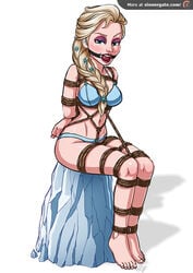 1girls arms_behind_back ball_gag blonde_hair blue_bra blue_eyes blue_panties bondage bound_ankles bound_arms bound_calves bound_legs bound_thighs bound_wrists bra braid crotch_rope disney elsa_(frozen) female female_only frozen_(film) gag gagged long_hair medium_breasts midriff navel panties shibari sitting sketchlanza solo