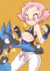 accidental_circumstance accidental_exposure armpits blush breasts female gym_leader human lucario maylene_(pokemon) nipples orange_background pink_eyes pink_hair pokemon pokemon_(species) pokemon_dppt pokephilia small_breasts surprised torn_clothes