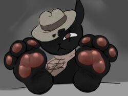 black_fur cloak facial_scar feline foot_fetish foot_focus furry hat mewgenics naughtymoff pawpads paws red_iris zodiac_(mewgenics)