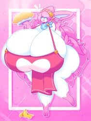 1girls abstract_background anthro apron apron_only ass baker banana banana_peel big_ass big_breasts big_thighs blue_eyes breast_focus breasts breasts_bigger_than_head bunny_ears busty busty_female chef cleavage comedy commission cute dewbber female female_focus female_only furry half_naked heart_symbol huge_breasts huge_thighs hyper hyper_breasts hyper_thighs impending_doom ineffective_clothing long_hair massive_breasts massive_thighs pastry pastry_chef pie pie_(food) pink_hair pokémon_(species) pokeball pokeball_logo pokemon pokemon_(species) red_apron selene_(itsawulf) steam sylveon thick_thighs thighs visual_gag white_fur wide_hips