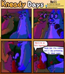 ambiguous_gender anthro balls bodily_fluids comic cum cum_on_penis cumshot dialogue duo ejaculation eldritchemerald english_text erection genital_fluids genitals hi_res knot male male/ambiguous null null_stimulation penis sex_toy taidum text vibrator