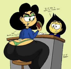 1boy 1girls 2026 4_fingers big_ass big_breasts black_eyes black_hair black_pants blue_shirt breasts canon_couple casual cute eating eating_food eric_saunders eyeshadow female first_porn_of_character food gir_(dog_costume)_(invader_zim) gir_(invader_zim) green_eyes green_eyeshadow green_lipstick green_panties hamburger husband_and_wife invader_zim lipstick lower_back_tattoo male married_couple nickelodeon original original_character panties pants shirt sideboob sitting sitting_on_chair sitting_on_stool sketch stella_saunders stool stool_(chair) tagme tattoo zanytony