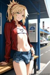 1boy ai_generated bandeau bangs blonde_hair blue_shorts bulge cutoffs denim_shorts fate/apocrypha fate_(series) femboy genderswap_(ftm) green_eyes hair_ornament hair_scrunchie jacket long_sleeves looking_at_viewer male mordred_(fate) navel open_clothes open_jacket parted_bangs ponytail red_jacket red_scrunchie rule_63 scrunchie short_shorts shorts sidelocks smile solo tagme tehmar thighs trans_woman transfem trap vehicle