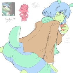 apple ass ass_focus big_ass big_breasts blazer blue_hair blush blush_lines brightney_(dandy's_world) caterpillar caterpillar_humanoid cyan_scarf cyan_tail dandy's_world dandys_world dutch_angle flat_colors genderswap genderswap_(mtf) gijinka grey_eyes half_eaten_food humanization humanized kneeling looking_back looking_unamused name_drop nervous_face no_shading raised_inner_eyebrows reference_image rule_63 self_upload squirm_(dandy's_world) t0astand3ggs t0astandeggs tagme watermark