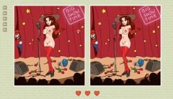 2d 3_hearts artist_request blue_eyes blue_flower breasts brown_hair crowd crowd_watching curtains earrings exposed_breasts exposed_pussy female flower hat high_heels lipstick long_hair male mario mario_(series) microphone naked_female nintendo nipples pauline public_exposure public_indecency public_nudity pussy red_dress red_lipstick rose speaker spot_the_difference stage text