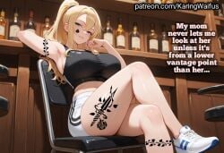 ai_generated blonde_hair caption cuckold dominant_female humiliation karingwaifus milf mommy mother motherly_cuckold qos qos_tattoo smaller_male sports_bra submissive_male
