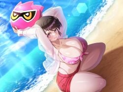 1girls beach beach_background beach_ball big_breasts bikini bikini_top blush blush_lines blushing breasts brown_hair emu_hojo female female_focus female_only flower_pattern genderswap genderswap_(mtf) hair_tuft hi_res hibiscus holding_ball kamen_rider kamen_rider_ex-aid_(series) kneeling mascot mascot_head open_shirt orange_eyes pink_eyes red_shorts rule_63 sand see-through see-through_clothing see-through_shirt short_hair short_hair_female shorts solo sparkle sparkles sunshine thick_thighs thighs visor water waves
