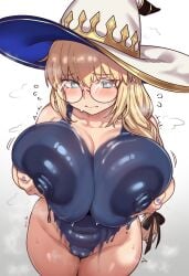 absurdres aesc_(fate) aesc_(rain_witch)_(fate) blonde_hair blue_eyes blush bodypaint braid breasts completely_nude ebora fate/grand_order fate_(series) female glasses highres huge_breasts long_hair nipples nude pussy round_eyewear single_braid witch