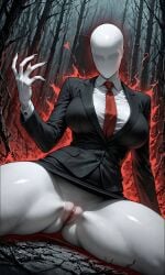 1girl 1girls ai ai_art ai_assisted ai_generated curvy_figure evil_look female_focus horror horror_game large_breasts legs_apart legs_spread melonprime miniskirt no_panties on_floor pencil_skirt pussy seductive self_upload slenderman slenderwoman solo solo_female solo_focus suit_and_tie thick_thighs thighs upskirt variant woods