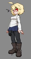 1futa arcueid_brunestud black_pantyhose blonde_hair blue_skirt blush breasts brown_boot bulge_under_clothes censored cock_under_clothes commentary dickgirl flaccid futanari highres ineffective_clothing intersex jellot looking_at_viewer m melty_blood_arcueid_figure_(meme) miniskirt oerba_yun_fang pantyhose penis precum red_eyes shoes short_hair skirt smile solo standing sweater thick_eyebrows tsukihime tsukihime_(remake) turtleneck turtleneck_sweater white_sweater