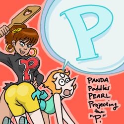 2girls body_bags crossover dark-skinned_female dark_skin earrings female female_only gem_(species) hoop_earrings panda_delgado pearl_(steven_universe) spanking steven_universe tagme