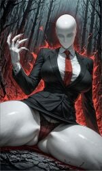 1girl ai ai_art ai_assisted ai_generated curvy_figure evil_look female_focus horror horror_game large_breasts legs_apart legs_spread melonprime miniskirt on_floor panties pencil_skirt seductive self_upload slenderman slenderwoman suit_and_tie thick_thighs thighs upskirt woods