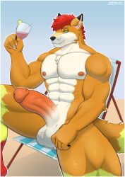2026 abs anthro balls beach_chair beverage big_penis black_ear_tips black_nose black_pawpads border canid canine chest_tuft digital_drawing_(artwork) digital_media_(artwork) dipstick_ears drinking_straw ear_markings english_description erection fox fur genitals green_eyes hair hi_res holding_beverage holding_object humanoid_genitalia humanoid_hands humanoid_penis inner_ear_fluff lime_slice looking_at_viewer male male_only mammal markings miguely_(miguelyfolf) multicolored_ears muscular muscular_anthro muscular_arms muscular_male muscular_thighs navel orange_body orange_fur outdoor_nudity pawpads penis pink_inner_ear_fluff red_body red_fur red_hair solo spread_legs spreading tuft vein veiny_penis white_body white_border white_fur yellow_body yellow_fur yellow_markings zipkael
