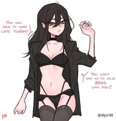 1girls 2d 2d_(artwork) 2d_artwork areolae belly belly_button black-haired_female black_bra black_choker black_garter_straps black_hair black_legwear black_panties black_stockings black_thigh_highs black_thighhighs black_underwear bra breasts choker cleavage collarbone dialogue dialogue_bubble dialogue_bubbles dialogue_speech_bubble digital digital_art digital_drawing digital_drawing_(artwork) digital_media digital_media_(artwork) dijor98 drawing ear_piercing ear_piercings english english_dialogue english_text eyebrows_visible_through_hair female female_focus female_only fingernails fingers garter_straps groin hair_between_eyes half_naked half_nude high_resolution highres hip_dips inframammary_fold inguinal_crease inguinal_ligament lean_figure legs_closed legs_together legwear linea_alba long_hair looking_at_viewer medium_breasts midriff naked naked_female naked_shirt naked_woman narrow_waist navel nipples nude nude_female nudity oc open_clothes open_clothing open_shirt open_topwear original original_art original_artwork original_character panties pierced_ear pierced_ears posing posing_for_the_viewer posing_naked posing_nude seductive seductive_expression seductive_eyes seductive_face seductive_female seductive_gaze seductive_look seductive_looks seductive_pose seductive_posing seductive_stare seductive_woman semi_nude shirt shoulders simple_background slender_body slender_waist slim_female slim_waist solo speaking speaking_to_viewer standing stockings stomach talking talking_to_viewer text text_bubble thigh_gap thigh_highs thighhighs thighs thighs_together tyra_(dijor98) unbuttoned unbuttoned_shirt underwear upper_body white_background wide_hips yellow-eyed_female yellow_eyes