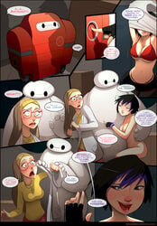 2girls baymax big_hero_6 black_hair blonde_hair bra cleavage comic disney female glasses gogo_tomago green_eyes honey_lemon long_hair marvel short_hair sillygirl speech_bubble undressing