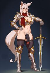 1futa 1futanari ai_generated armored_boots big_breasts black_penis cock_ring flaccid full_body futanari hand_on_hip huge_penis karezma muscular_futa narrow_waist red_eyes red_scarf shoulder_armor spiked_cock_ring standing tail thick_thighs thigh_belt toned_female toned_futa veiny_penis white_hair
