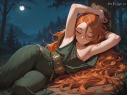 ai_generated alone armpit_crease armpit_fetish athletic_body closed_eyes detailed_armpit elaborate_clothing expensive_clothing extremely_long_hair female female_only freckles ginger green_clothing laying_under_tree looking_at_viewer night oversized_clothes rich_clothing sleeping small_boobs wind wrinkled_armpit young