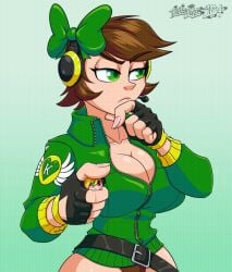 1boy 1girl1boy 1girls 2d 2d_animation animated animated_gif big_breasts big_thighs black_belt black_gloves brown_hair brown_panties carrying emil-inze emil_(emil-inze) fingerless_gloves focusing funny giantess gif grabbing_body green_bow green_eyes green_jacket handheld handheld_micro headphones kylie_(kyliegts) looking_right meme meme_reference short_hair short_hair_female size_difference squeezing thick_breasts thick_thighs thinking tiny_male