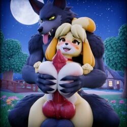 ai_generated animal_crossing animated anthro balls big_balls big_breasts big_knot big_penis blush canid canine canis domestic_dog erection fangs female furry gerend huge_balls huge_cock isabelle_(animal_crossing) knot male male/female massive_penis paizuri penis shorter_than_10_seconds titjob tongue tongue_out video werewolf wolf