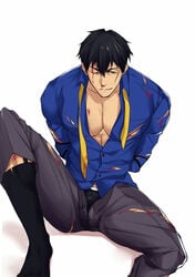 1boy black_hair blood bulge cachic crotch grin human kekkai_sensen male male_focus male_only muscle necktie partially_clothed restrained scar sitting socks solo solo_male steven_a._starphase torn_clothes