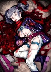 absurdres belt blood boots breasts commentary_request commission corpse disorder! female gloves guro highres jacket lying medium_breasts nipples original purple_jacket scarf skeb_commission solo torn_clothes twintails variant_set