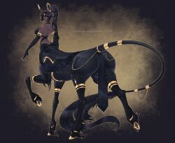armwear ass backsack balls big_butt black_hair bottomwear centaur clothing curvy_figure ear_piercing elbow_gloves equid equid_taur equine european_mythology female genitals gloves gold_(metal) gold_hooves gold_jewelry greek_mythology gynomorph hair handwear hi_res hooves horn hourglass_figure humanoid_taur intersex jewelry loincloth long_hair looking_at_viewer looking_back looking_back_at_viewer mammal mammal_taur mythological_creature mythological_equine mythology nia_(slithice_cultist) piercing ponytail small_waist solo taur unicorn unicorn_taur watermark wmdiscovery93 yellow_eyes
