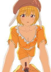 ballbusting bar_censor blonde blonde-haired_female blonde_female blonde_hair blonde_hair_female censor_bar censored censored_penis cock dick eyebrows_visible_through_hair genitals long_ears male_pubic_hair penis pov pubic_hair rabbit_ears rabbit_girl red_eyes red_eyes_female ringo_(touhou) seset simple_background touhou white_background