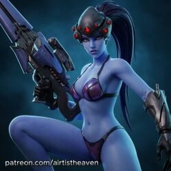 1girls accurate_art_style ai ai-created ai_art ai_assisted ai_generated airtist alien alien_girl alien_humanoid animated artist_name athletic bikini bikini_bottom bikini_top bra close-up close_up closeup female female_only fit gear headwear high_resolution highres looking_at_viewer medium_breasts official_style overwatch panties patreon purple_body purple_hair sexy sexy_body skinny skinny_female solo solo_female solo_focus tagme thong underwear video watermark weapon widowmaker
