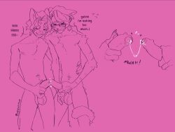 2025 anthro arm_tuft artist_name athletic athletic_anthro athletic_male balls big_penis blush blush_lines bodily_fluids body_hair clenched_teeth close-up closed_eyes dialogue digital_drawing_(artwork) digital_media_(artwork) domestic_cat duo elbow_tuft embarrased_horny embarrassed english_text errato_(noirzvault) eyewear facial_scar felid feline felis foreskin fur genital_fluids genitals glans glasses hair happy_trail hi_res holding_penis humanoid_genitalia humanoid_penis male male/male mammal monochrome nails nerunaur nipples nude_anthro nude_male onomatopoeia pawpads penile penis penises_touching pink_background precum precum_string scar shoulder_tuft simple_background smile sound_effects spot_(noirzvault) striped_arms striped_body striped_fur stripes tail teeth text tuft unretracted_foreskin wavy_hair wearing_glasses