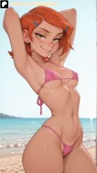 ai_generated arms_behind_head arms_up beach ben_10 breasts cartoon_network female green_eyes gwen_tennyson looking_at_viewer medium_breasts micro_bikini morganx navel orange_hair petite petite_female pink_bikini seductive seductive_smile short_hair smile