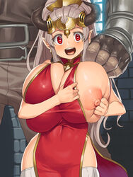 1boy aliza_(granblue_fantasy) bare_shoulders blush breasts cheating china_dress chinese_clothes cleavage_cutout dress earrings female gigantic_breasts granblue_fantasy hand_on_another's_shoulder heart heart-shaped_pupils horns jewelry long_hair looking_at_viewer netorare nipples obui open_mouth pointy_ears ponytail red_dress red_eyes silver_hair solo_focus straight symbol-shaped_pupils thighhighs tied_hair white_legwear