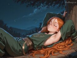 ai_generated alone armpit_crease armpit_fetish athletic_body closed_eyes detailed_armpit elaborate_clothing expensive_clothing extremely_long_hair female female_only freckles ginger green_clothing laying_under_tree looking_at_viewer night oversized_clothes rich_clothing sleeping small_boobs wind wrinkled_armpit young