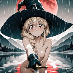 1girls ai_generated black_headwear blade blonde_hair braid braided_hair breasts dark_fantasy dark_forest female forest freckles full_moon gloves hair_over_breasts hair_over_shoulder hat holding holding_object holding_weapon illustrious_xl lake looking_at_viewer medium_breasts midnight moon moonlight mountain mountain_background mountain_range mountains naked naked_female night night_sky nipples nude nude_female parted_lips pussy quaintdrawer rain raining red_eyes red_moon river sdxl single_braid solo solo_female solo_focus stable_diffusion sword wai-illustrious-sdxl wai_generated wai_illustrious_sdxl water weapon wet_body wet_skin witch witch_hat