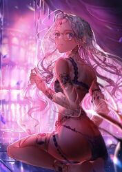 bindi body_jewelry butt_crack concubine dark-skinned_female fate/extra fate_(series) girl_with_glasses glasses harem_girl harem_outfit indian indian_female jewelry long_sleeves on_knees petite purple_eyes purple_hair purple_theme rani_viii see-through_clothing soles soles_female teenage_girl