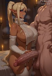 1boy 1girl abs ai_generated bare_shoulders blonde_hair blue_lips breasts cable_knit candle cloe_(kuroinu) clothed_female_nude_male dark-skinned_female dark_elf detached_sleeves duxvector elf erection garter_straps hetero huge_breasts huge_penis indoors kuroinu_~kedakaki_seijo_wa_hakudaku_ni_somaru~ large_breasts large_penis lipstick long_hair makeup meme_attire muscular nude penis pointy_ears ponytail red_eyes ribbed_sleeves ribbed_thighhighs sideboob sleeveless_sweater smile solo_focus sweat sweater testicles thighhighs turtleneck turtleneck_sweater uncensored veins veiny_penis virgin_destroyer_sweater white_garter_straps white_sweater white_thighhighs