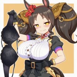 ai_generated bangs bedroom_eyes big_hair black_hair black_jacket black_ribbon black_skirt blush bra breasts brooch buttons female frilled_dress frilled_skirt gloves hair_ornament hairband horse_ears horse_girl horse_tail jacket large_breasts layered_skirt looking_at_viewer marvelous_sunday_(umamusume) no_bra no_bra_under_clothes orange_eyes parted_bangs presenting_bra presenting_underwear puffy_short_sleeves red_hairband red_ribbon shirt short_sleeves shortstack smug solo standing symbol-shaped_pupils twintails umamusume umamusume_pretty_derby voluptuous white_shirt
