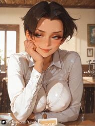 1girls ai_generated anissa big_ass big_breasts blue_eyes breasts brown_hair closed_mouth clothing date female female_on_cloth female_only hi_res indoors invincible invincible_(tv_series) large_ass large_breasts larger_female lewder light-skinned_female light_skin looking_at_viewer short_hair sitting tagme