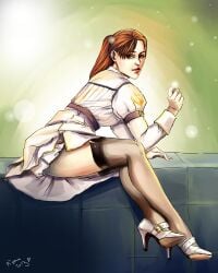 ass capcom clothed clothed_female devil_may_cry devil_may_cry_4 dress dress_lift dress_up exposed_thighs female female_focus female_only garter_straps high_heels kyrie_(devil_may_cry) pinup ponytail red-haired_female red_hair skirt skirt_lift skirt_up solo solo_female solo_focus stockings tease thigh_socks thighhighs thighs tights