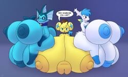 2026 absurd_res anthro balls big_balls big_breasts big_penis blue_body blue_eyes blush breasts clothing cowboy_hat eeveelution english_text eyewear fur futanari generation_1_pokemon generation_4_pokemon genitals glasses group gynomorph hat headgear headwear hi_res huge_balls huge_breasts huge_cock hyper hyper_balls hyper_breasts hyper_genitalia hyper_penis intersex kerchief kespuzzuo legendary_pokemon looking_at_viewer neckerchief neckwear nintendo nipples penis penis_between_breasts pokemon pokemon_(species) pokemorph shaymin shinx sitting_on_breasts talking_to_viewer text trio vaporeon white_body white_fur yellow_body yellow_fur
