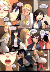 2girls asian baymax big_hero_6 bike_shorts black_hair blonde_hair cleavage comic dialogue disney female fingering fingerless_gloves freckles glasses gogo_tomago holding_arm honey_lemon imminent_sex jacket leggings marvel purple_hair running sillygirl smile speech_bubble two_tone_hair wristbands yuri