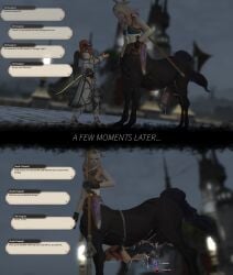 2_panel_comic 3d alt_avagnar amputee au_ra bad_end belly_riding big_penis centaur chained chained_to_master chains defeated dialogue equine_penis female final_fantasy_xiv futa_on_female futanari game_mechanics gpose_(ffxiv) horsecock instant_loss_2koma miqo'te nude orange_hair penis precum quadruple_amputee rape sex status_effect stomach_bulge taur text triata weapon