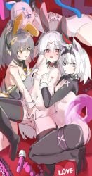4girls absurdres anal_beads animal_ears anus argyle_clothes armpits arms_up ass backless_leotard bare_arms bare_shoulders black_collar black_eyes black_hair black_hairband black_leotard black_necktie black_shrug black_thighhighs blue_eyes blue_tail blurry blush bob_cut bombinata bound bound_wrists braid braided_hair_rings breasts bright_pupils cat_ears cat_tail chaos_(punishing:_gray_raven) chinese_commentary closed_mouth clothed_female_nude_female clothed_sex collar collared_shrug colored_inner_animal_ears commentary_request covered_navel depth_of_field dildo embarrassed english_text expressionless fake_animal_ears fff_threesome furrowed_brow gaping girl_sandwich grabbing_another's_breast grabbing_from_behind grey_eyes grey_hair groping group_sex hair_ornament hair_rings hairband headgear heart heart-shaped_pupils heart_hair_ornament heterochromia high_ponytail highres hitachi_magic_wand leg_between_thighs leg_lock leotard long_sleeves looking_at_another lying multicolored_hair multicolored_leotard multiple_girls nanami_(punishing:_gray_raven) navel necktie nipples no.21 no.21:_feral_scent_(punishing:_gray_raven) no_shoes nose_blush nude on_back on_side on_stomach one_ear_down parted_lips pasties pink_tail playboy_bunny ponytail punishing:_gray_raven pussy pussy_juice rabbit_ears raised_eyebrows raised_inner_eyebrows red_background red_eyes restrained reverse_bunnysuit reverse_outfit ribs robot_ears sandwiched see-through_tail sex_toy short_hair shrug_(clothing) sidelocks sleeve_cuffs small_breasts soles spiked_dildo spread_legs spread_pussy spreading_another's_pussy star-shaped_pupils star_(symbol) stomach strapless strapless_leotard surrounded symbol-shaped_pupils tail tail_through_clothes thigh_strap thighhighs threesome toe_seam two-tone_hair two-tone_leotard uncensored user_yhdk7832 variant_set vibrator white_hair white_pupils white_wrist_cuffs wing_collar wolf_ears wolf_girl wolf_tail wrist_cuffs yellow_eyes yuri