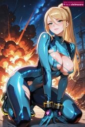 ai_assisted ai_generated areola_slip bangs blonde_hair blue_bodysuit blue_eyes blush bodysuit breasts cameltoe cleavage covered_navel covered_nipples explosion female female_only fire high_heels kneeling large_breasts lips long_hair looking_at_viewer metroid mole mole_under_mouth night night_sky nintendo outdoors parted_lips ponytail samus_aran shiny shiny_clothes shiny_skin shooting_star skin_tight sky smile solo star_\\(sky\\) starry_sky stelmazura thighs torn_bodysuit torn_clothes zero_suit