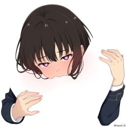 2girls absurdres artist_name black_jacket blush brown_hair cunnilingus female_pov hand_on_another's_thigh heart heart-shaped_pupils highres inoue_takina jacket long_hair long_sleeves looking_at_viewer lycoris_recoil meme multiple_girls negative_space negative_space_cunnilingus_(meme) negative_space_oral_(meme) oral pink_eyes pov roswell_ss simple_background solo_focus symbol-shaped_pupils white_background yuri