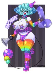 2016 balloons big_breasts big_lips blue_eyes blue_hair breast_expansion breasts bulge clown collar female high_heels honk latex pasties polka_dots rainbow red_nose simple_background standing stars tail tights topless transformation transformed