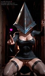 3d ai_generated black_dress erotic_horror female female_pyramid_head fishnet_stockings glossy_skin high_heels horror konami m_legs on_knees pussy pussy_juice pyramid_head realistic saliva silent_hill silent_hill_2 solo spread_legs sweat thighhighs tight_clothes velairi_kim wet