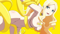 areolae arm_grab armpits ass assassination_classroom blonde_hair blue_eyes breasts choker doggy_style female from_behind highres interspecies irina_jelavic koro-sensei large_breasts legs long_hair looking_at_viewer mound_of_venus navel nipple_tweak nipples nude open_mouth parted_lips restrained simple_background solo_focus tentacle thighs yellow_background yellow_theme