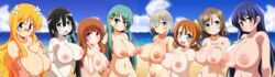 32:9 6+girls 8girls aqua_hair areolae beach black_hair blonde_hair blue_eyes blue_hair blush breasts brown_eyes brown_hair censored double_monitor green_eyes huge_breasts inverted_nipples kantai_collection large_breasts long_hair looking_at_viewer multiple_girls naruse_mai navel nipples nude open_mouth orange_hair purple_eyes short_hair silver_hair smile wallpaper