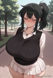 ai_generated alternate_breast_size arms_behind_back black_hair blush breasts closed_mouth collarbone collared_shirt cowboy_shot curvaceous curvaceous_body curvy curvy_body curvy_female day female frown green_eyes heart huge_breasts jewelry long_sleeves looking_at_viewer miniskirt necklace outdoors patreon_logo patreon_username pleated_skirt ponytail renee_graves school_uniform scinna self_upload shirt sidelocks skirt solo stable_diffusion standing sweater_vest the_coffin_of_andy_and_leyley thick_thighs thighs tree v-shaped_eyebrows voluptuous voluptuous_body voluptuous_female web_address white_shirt white_skirt wide_hips